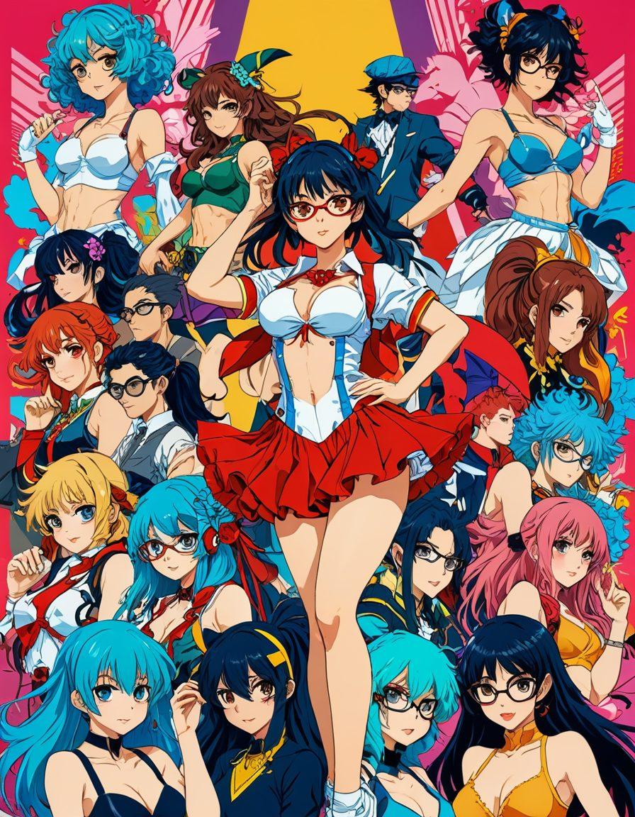 A vibrant collage depicting the journey of hentai from secretive illustrations to celebrated artwork, showcasing various characters in dynamic poses, interspersed with elements that represent the nerd lifestyle like video games, comic books, and cosplay. Bright, vivid colors pop against a whimsical background filled with playful patterns, creating an enticing blend of fantasy and culture. The overall aesthetic is modern and engaging, capturing the evolution of a niche art form. vibrant colors. digital painting. whimsical style.